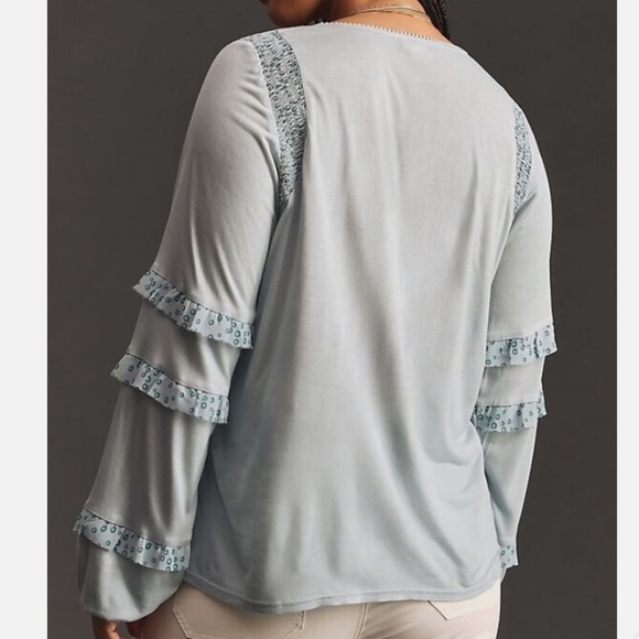 Anthropologie Tiny Frances Long Sleeve Ruffled Top Embroidered Blue Yellow - Picture 2 of 7